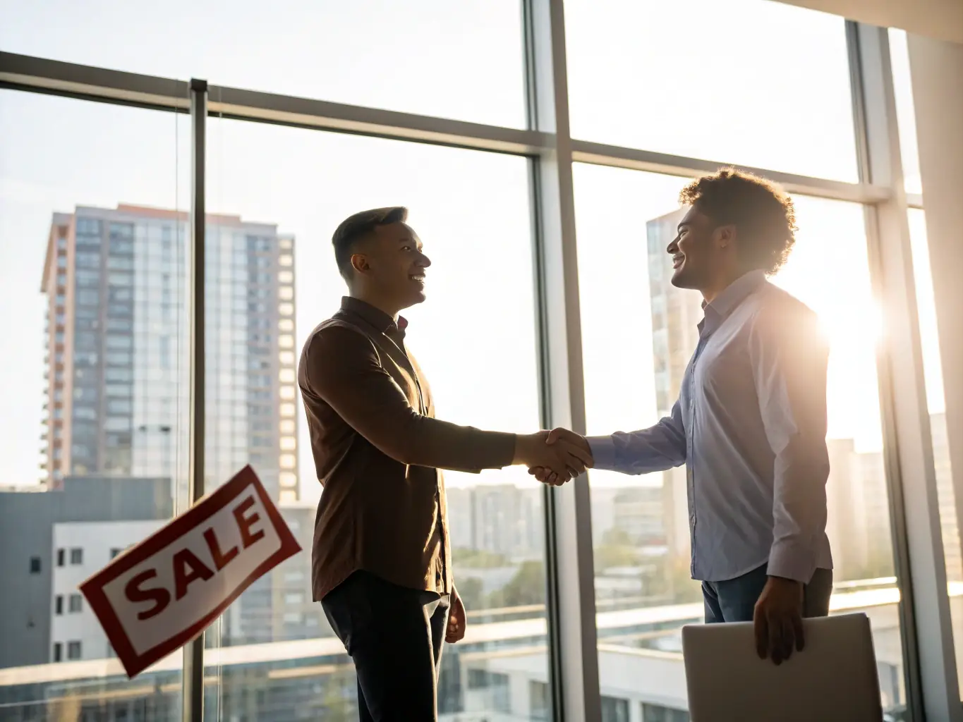 A closing scene of a real estate transaction with keys being exchanged and a handshake between the buyer and seller, symbolizing the successful completion of a property sale.