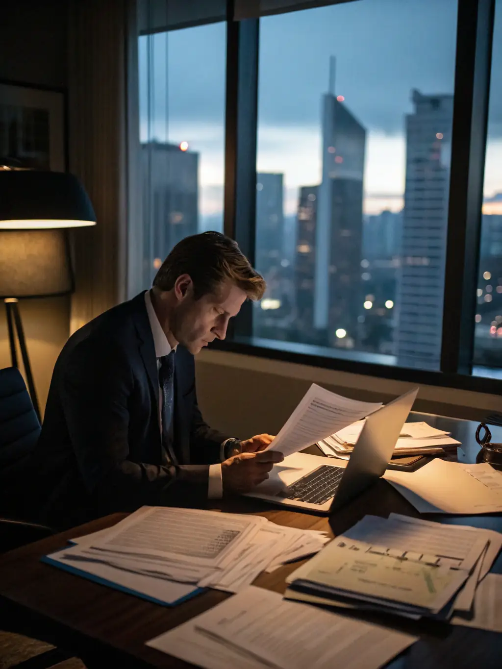 An image showing a property manager reviewing financial reports and inspecting a commercial building, symbolizing professional property management.