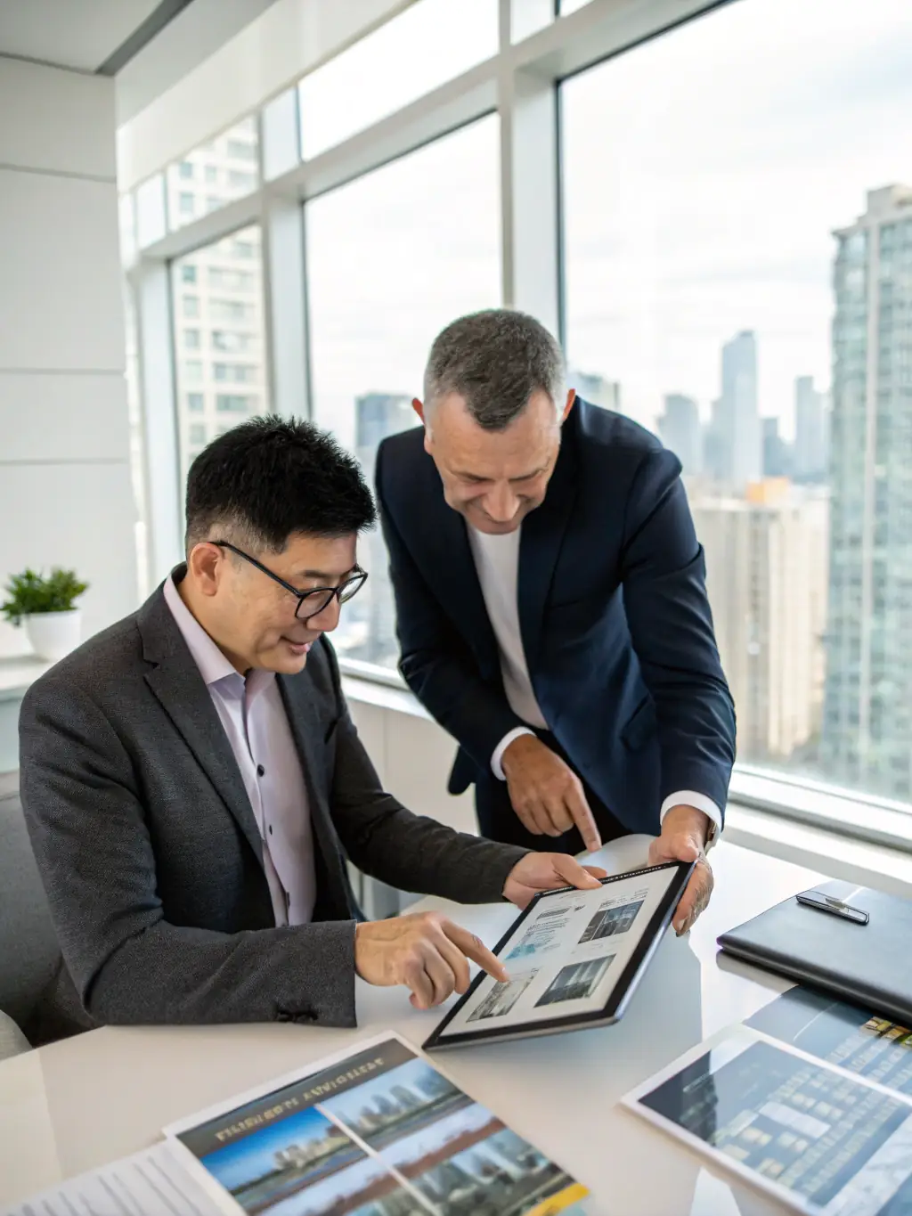 An image of a real estate agent presenting property listings to clients, highlighting professionalism and market expertise.