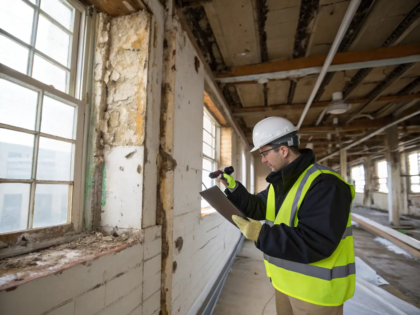A detailed photograph showcasing a property evaluation being conducted by a De Luca Group professional, with a focus on assessing the building's condition and potential.