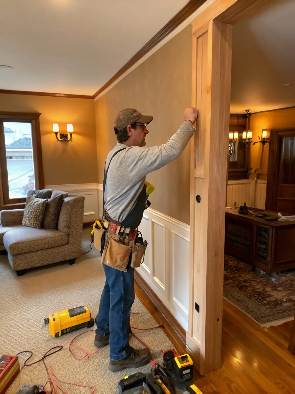 A craftsman installing custom trim work in a home, highlighting De Luca Homes Inc.'s commitment to quality workmanship and attention to detail.