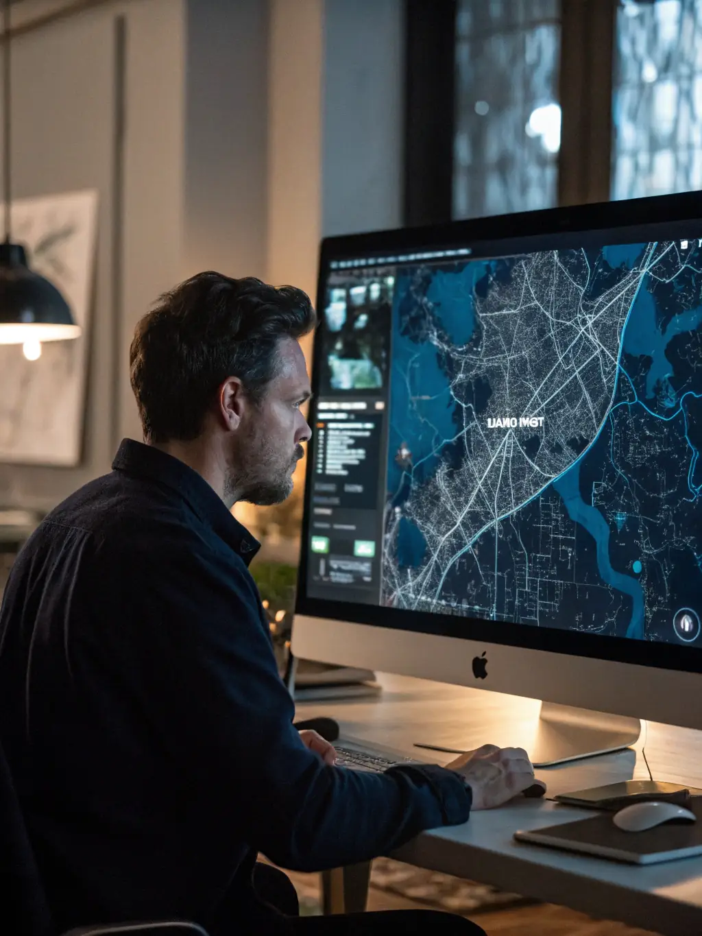 An image of a planner reviewing zoning maps and land development proposals.