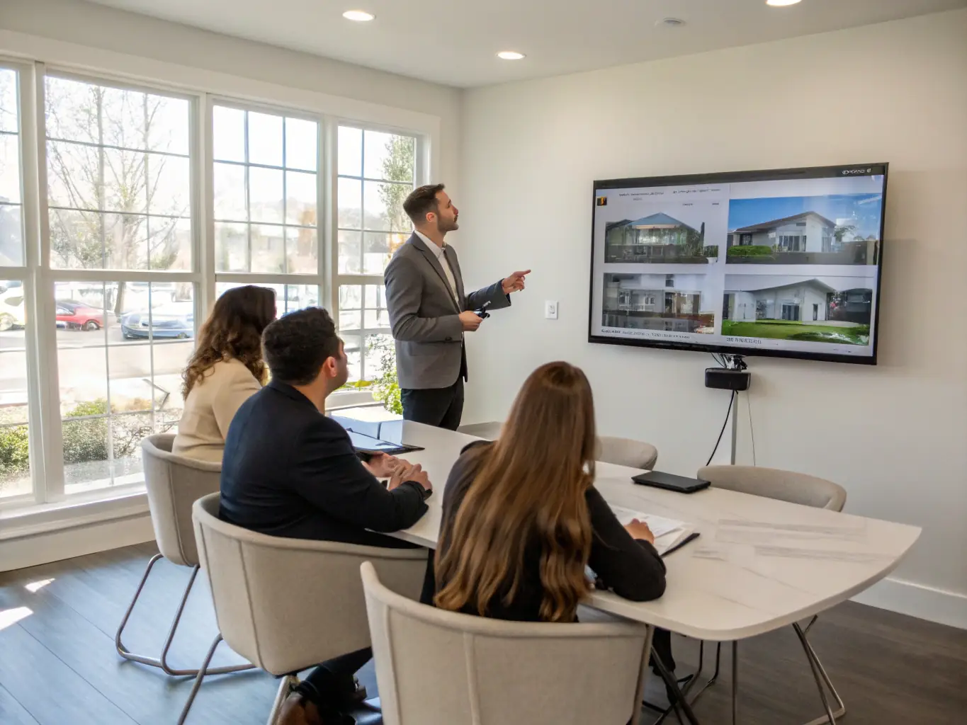 A photograph of a real estate agent presenting a property development plan to potential investors in a modern office setting, highlighting the marketing and sales strategies.