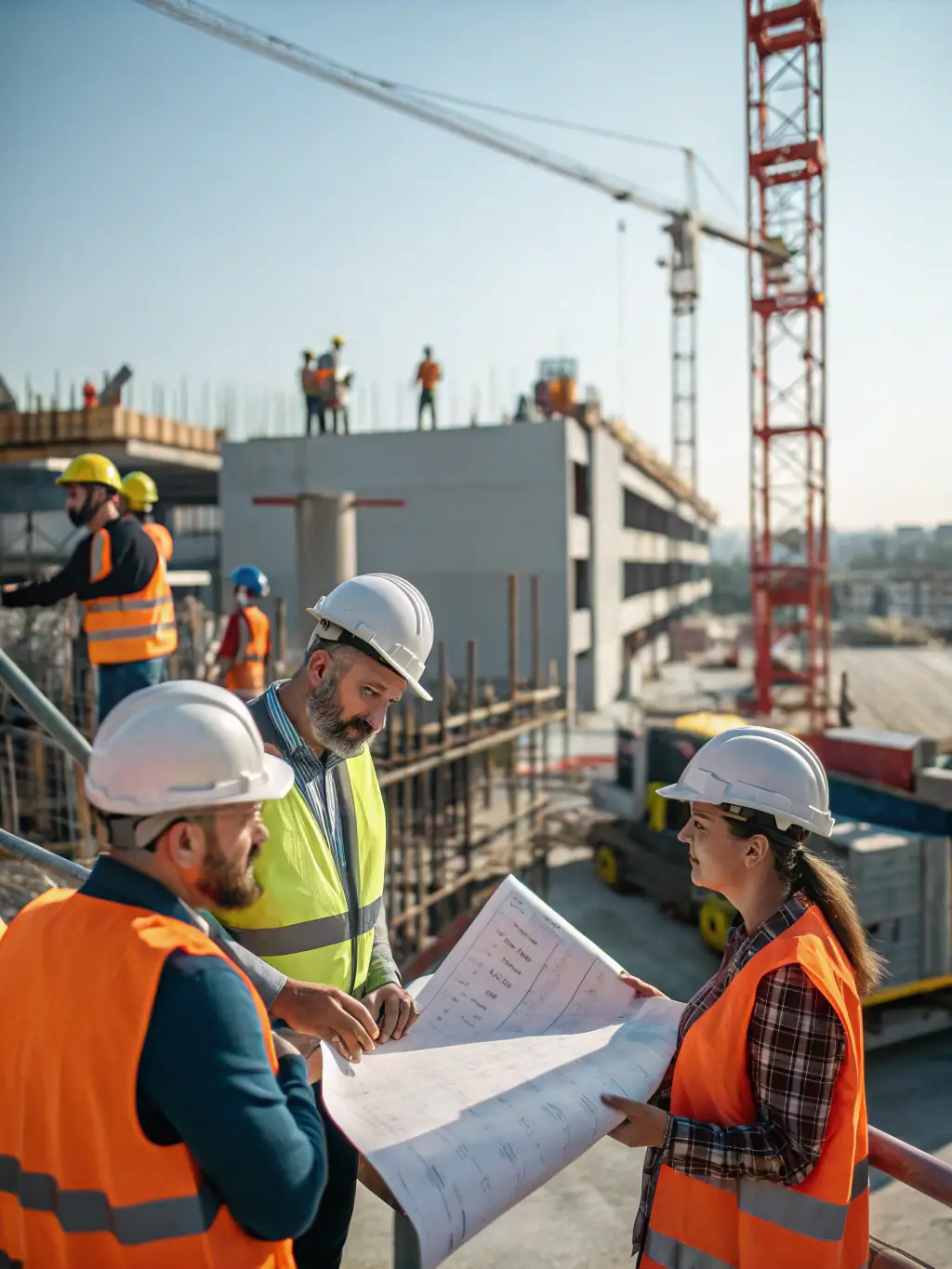 An image of a project manager reviewing blueprints and overseeing construction activities on-site.