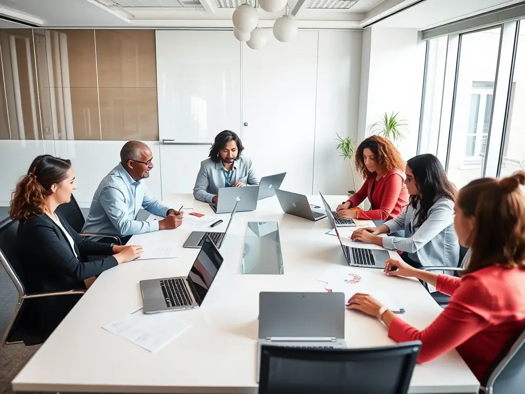 A professional photograph of De Luca Group's team using advanced project management software to track progress, manage resources, and communicate effectively with stakeholders.